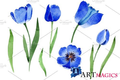 Blue tulip flower watercolor png - 3983984