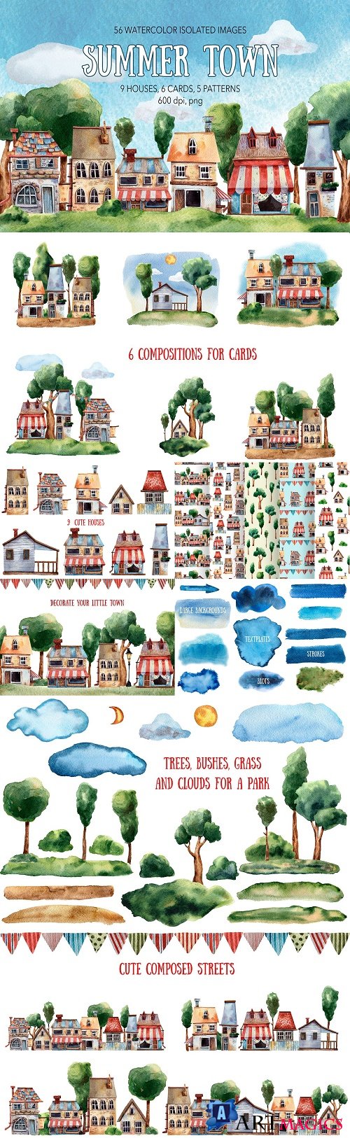 Summer Town - Watercolor Clipart Set - 3979722
