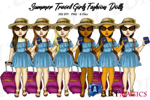 Summer Travel Clipart Girls, Fashion Doll Illustrations, PNG - 258612