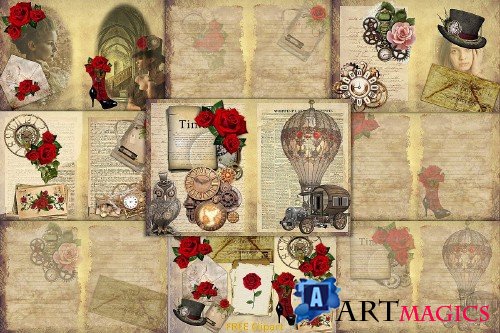 Steampunk Background set with FREE Clipart and Ephemera - 303061
