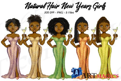 New Years Natural Hair Clipart, Fashion Girls Illustrations - 210406