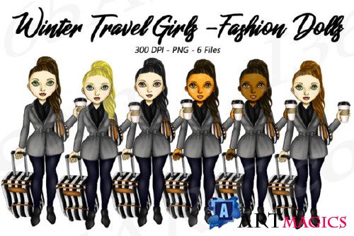 Winter Travel Clipart Girls, Fashion Doll Illustrations, PNG - 204445