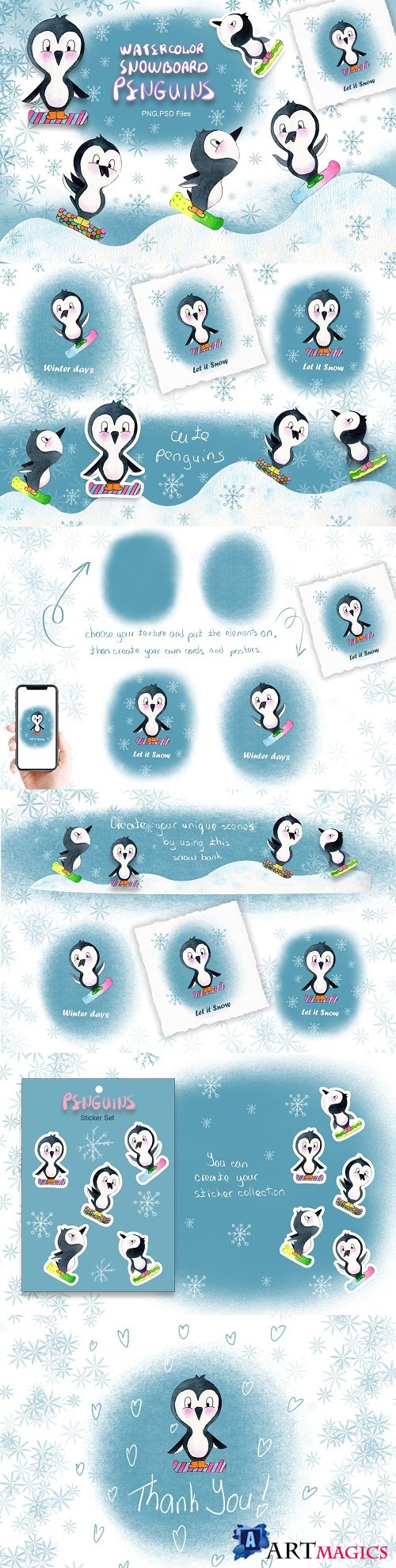 Watercolor Snowboard Penguins - 3994573