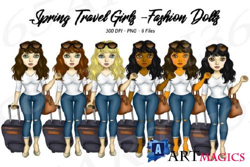 Spring Travel Clipart Girls, Fashion Doll Illustrations, PNG - 237858