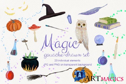 Magic Gouache Drawn Set Illustration