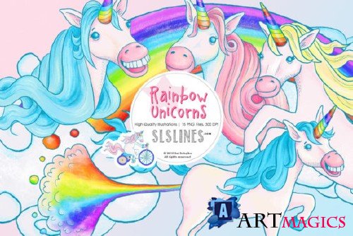 Rainbow Unicorns with Rainbow Fart! - ainbow Unicorn Illustrations, PNG
