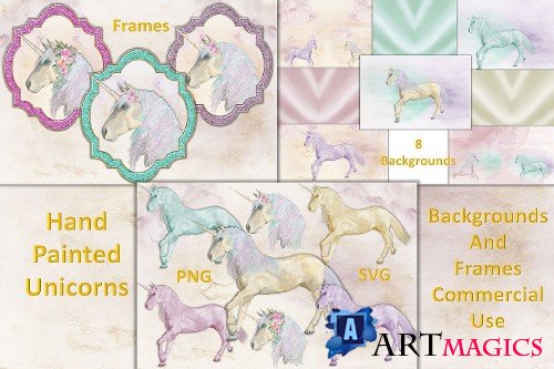 Unicorn Handpainted clipart, backgrounds and frames. PNG SVG - 304701