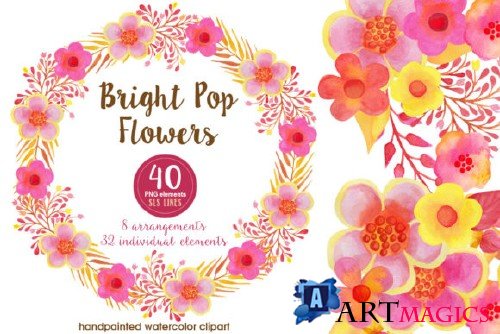 Pop Watercolor Flowers Pink & Orange Yellow - 852848