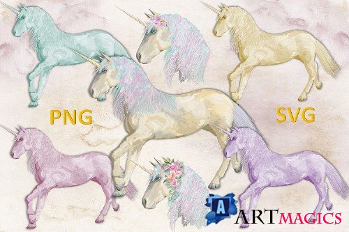 Unicorn Handpainted clipart, backgrounds and frames. PNG SVG - 304701