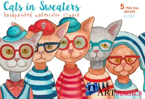 Cats in Sweaters Watercolor Clipart Set 696526