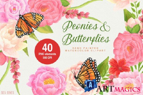 Peonies & Butterflies Watercolor Clipart 2278464
