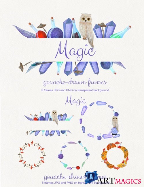 Magic. Gouache Drawn Set of 5 Frames