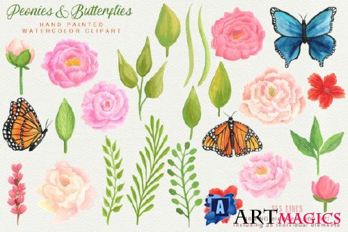 Peonies & Butterflies Watercolor Clipart 2278464