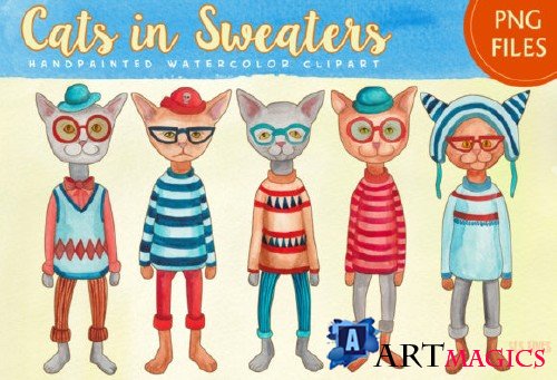 Cats in Sweaters Watercolor Clipart Set 696526