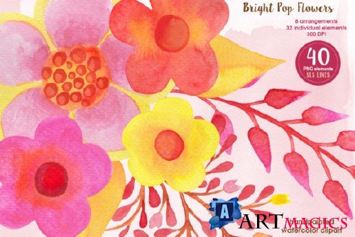 Pop Watercolor Flowers Pink & Orange Yellow - 852848