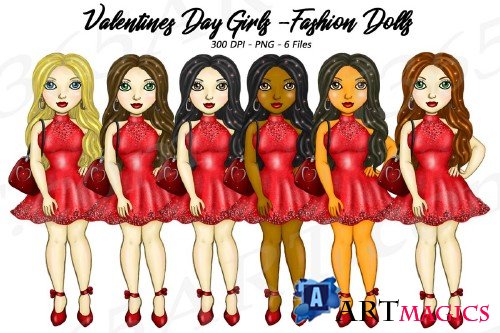 Valentine's Day Girls Clipart, Fashion Dolls Illustrations - 204154