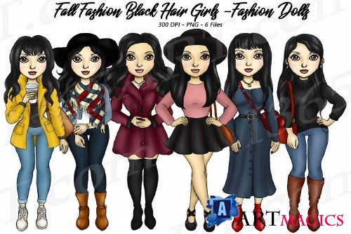 Fall Fashion Autumn Girls Black HairPlanner Clipart Set - 289323
