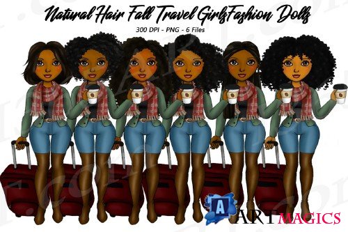 Fall Travel Clipart Girls, Natural Hair, Fashion Dolls - 298069