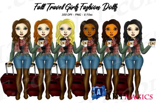 Fall Travel Clipart Girls, Fashion Doll Illustrations, PNG - 298071