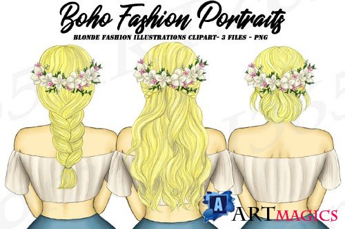 Boho Blonde Girls Fashion Clipart, Flower Wreath Spring - 267901