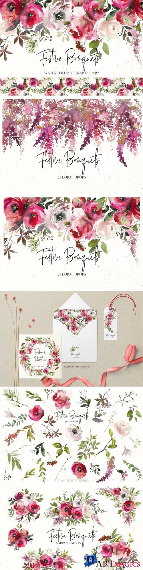 Festive Bouquets Watercolor Flowers - 3004799