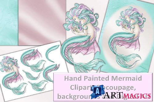 Mermaid clipart, Wall Art and decoupage sheet JPEG and PNG - 284249