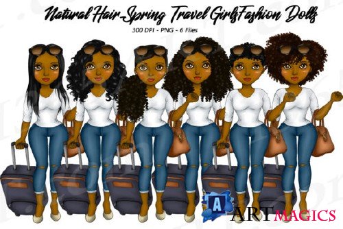 Spring Travel Clipart Girls, Natural Hair, Fashion Dolls - 237859