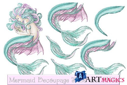Mermaid clipart, Wall Art and decoupage sheet JPEG and PNG - 284249