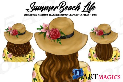 Summer Girl Fashion Portrait Brunette Hairstyles Clipart Set - 267878