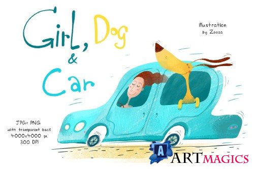 Girl, Dog and Car - illustration - 4024178