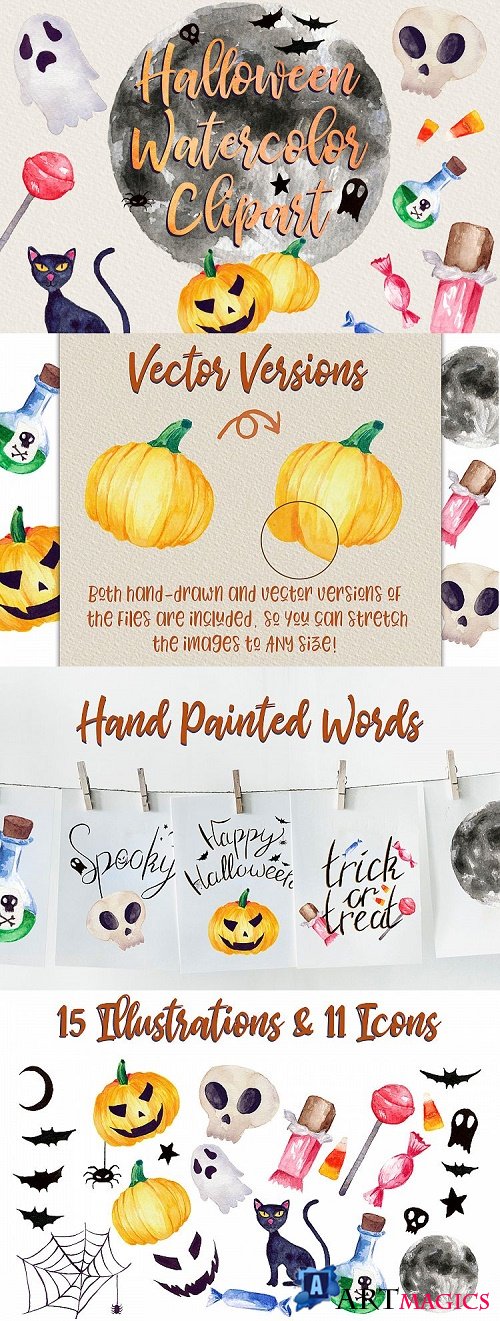 Halloween Watercolor Clip Art Pack! With SVG/Vector Versions 301801