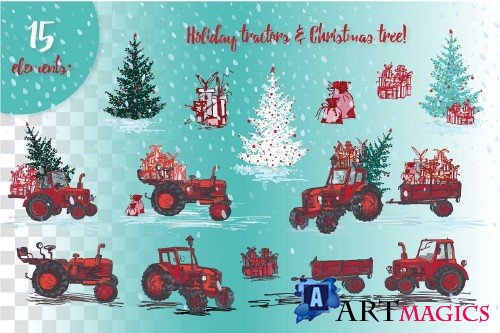 Set of Hand drawn Christmas tractors - 4062257