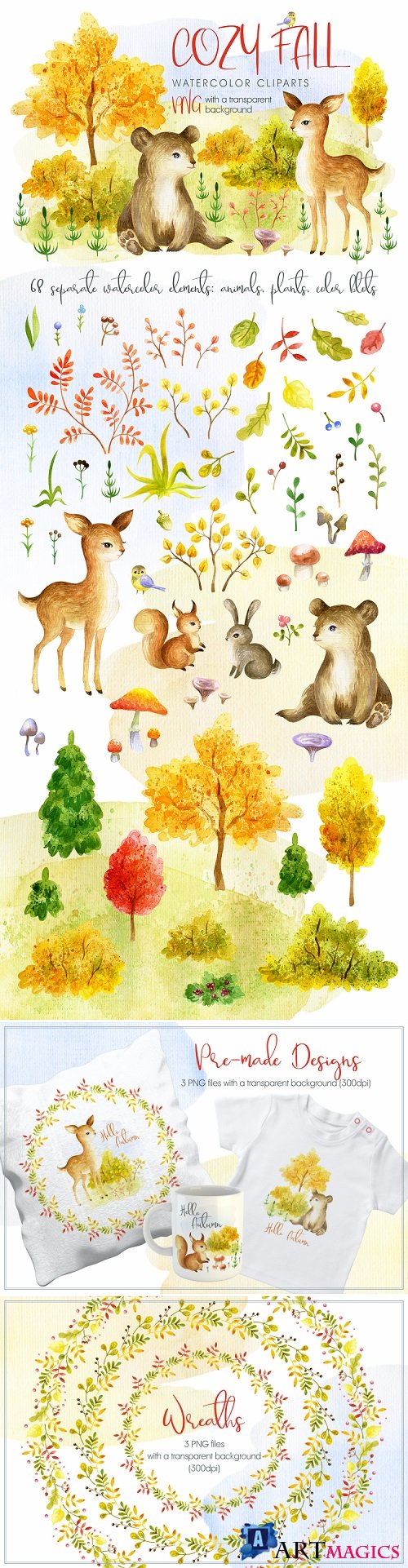 Cozy Fall. Watercolor Animals and Plants - 330849