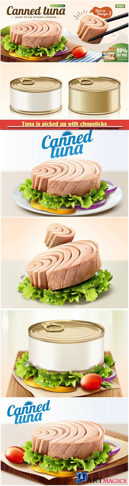 Tuna is picked up with chopsticks in 3d illustration, canned food ads