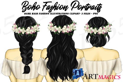 Boho Dark Hair Girls Fashion Clipart, Flower Wreath Spring - 267902