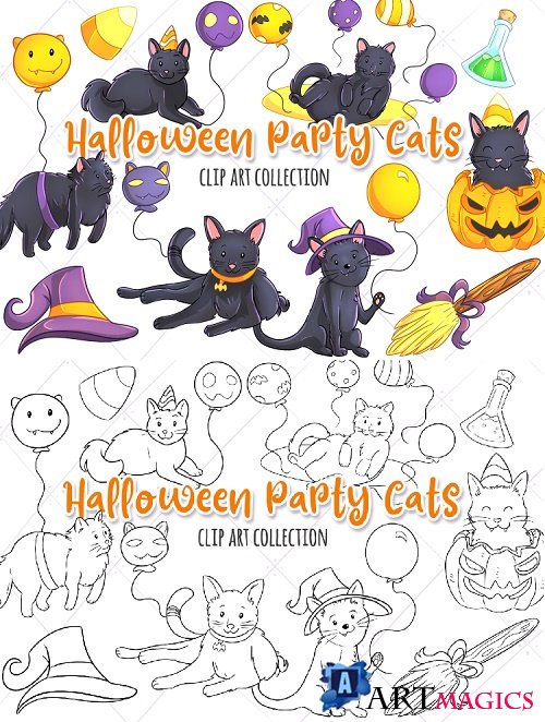 Halloween Party Cats Clip Art Collection and Digital Stamps - 346400 - 346401