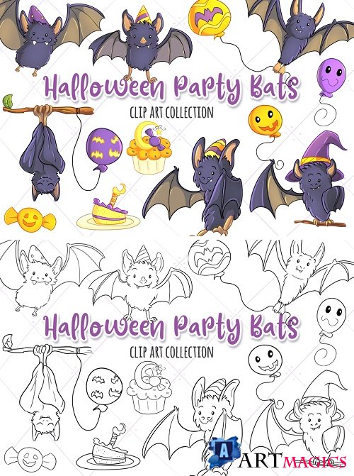 Halloween Party Bats Clip Art Collection and Digital Stamps - 346404 - 346403