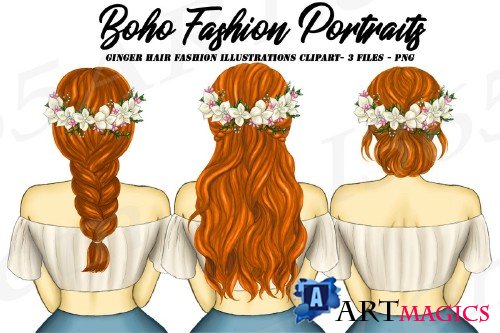 Boho Ginger Red Hair Girls Fashion Clipart, Flower Wreath - 267956