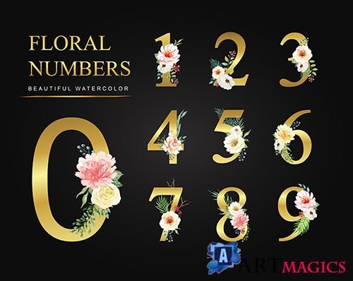     -   / Golden numbers with flowers - Vector Graphics