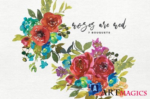 Watercolor Red Rose Clipart Set - 4093751