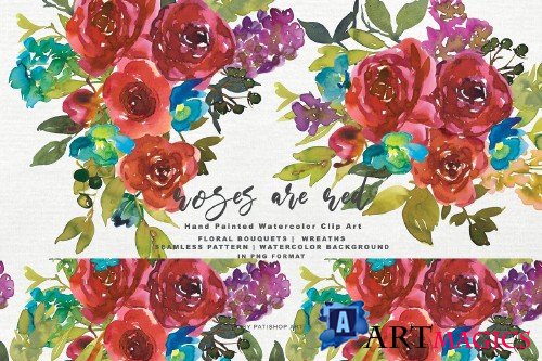 Watercolor Red Rose Clipart Set - 4093751