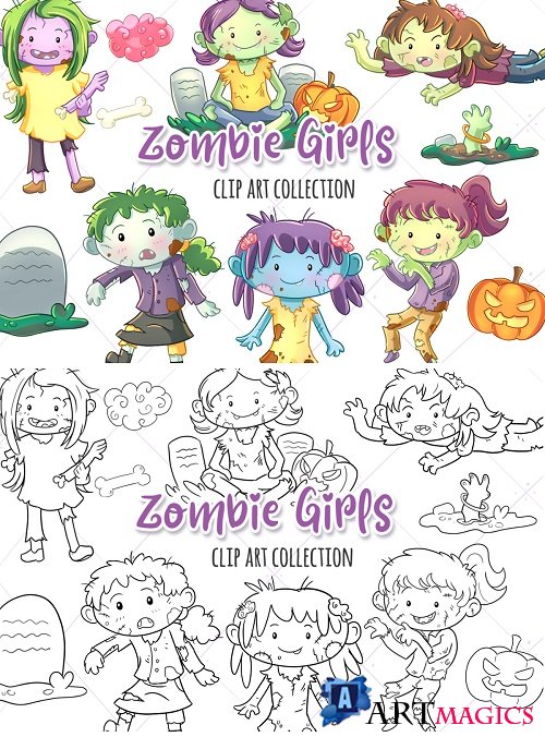 Zombie Girls Clip Art Collection  and Digital Stamps - 348646