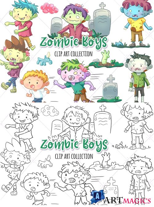Zombie Boys Clip Art Collection and Digital Stamps 348644