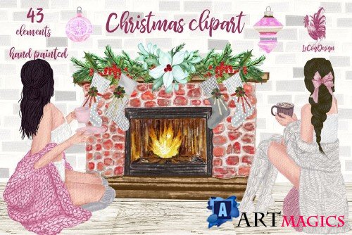 Christmas Girls Clipart, Fireplace - 4102343
