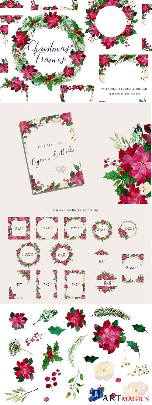 Christmas Watercolour Frames with Poinsettia, PNG - 352432