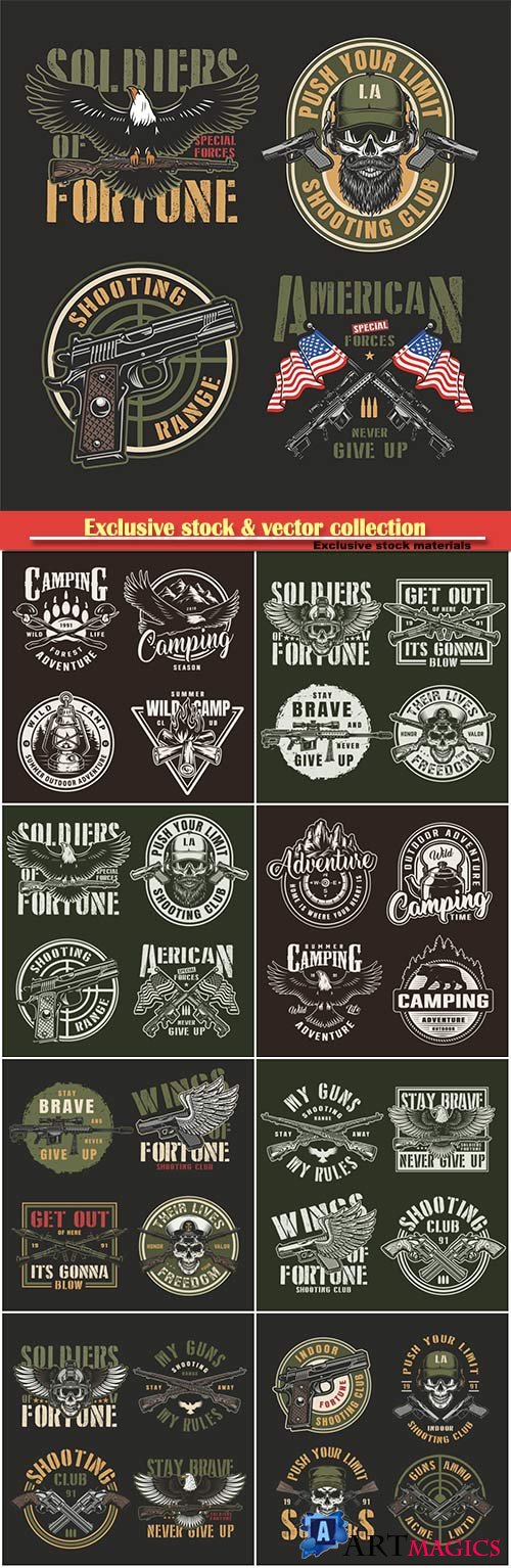 Vintage military emblems set with eagle holding carbine bearded