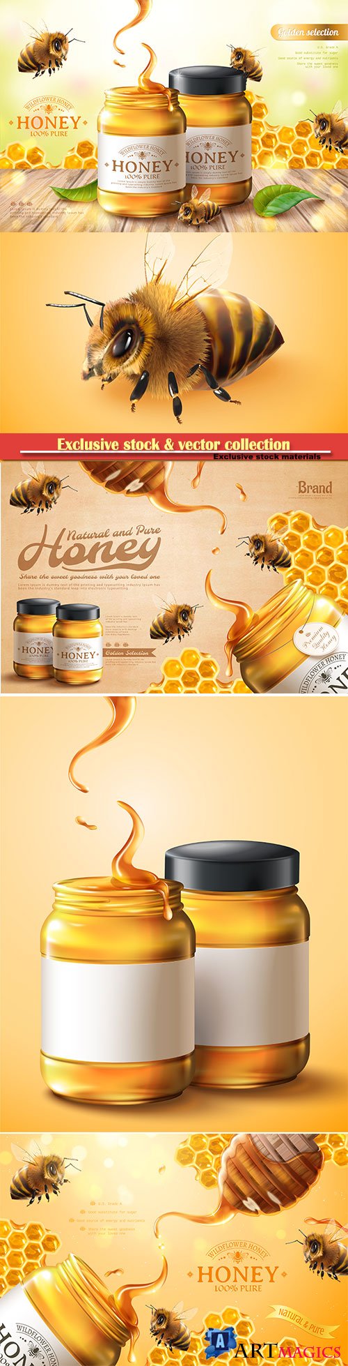 Pure honey ads with bees and honeycomb in 3d vector illustration