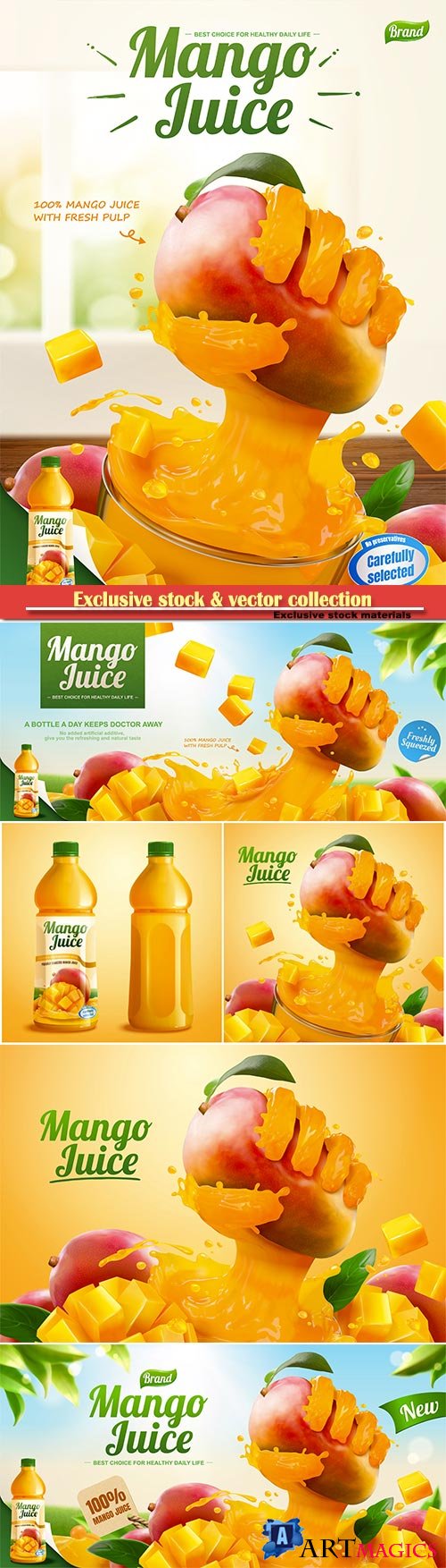 Mango juice banner ads with liquid hand grabbing fruit effect in 3d vector illustration