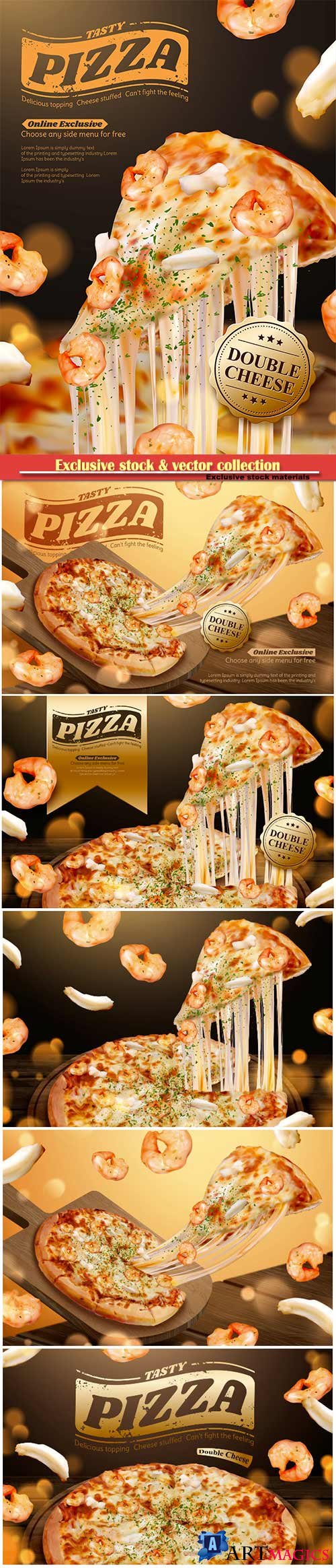 Tasty seafood pizza ads with stringy cheese in 3d illustration, shrimp and squid ring ingredients