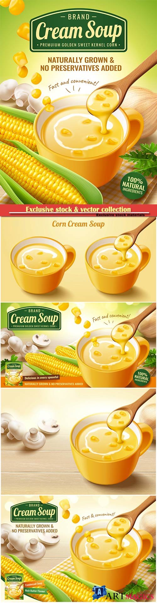 Instant corn cream soup ads with fresh corncob and mushroom in 3d illustration
